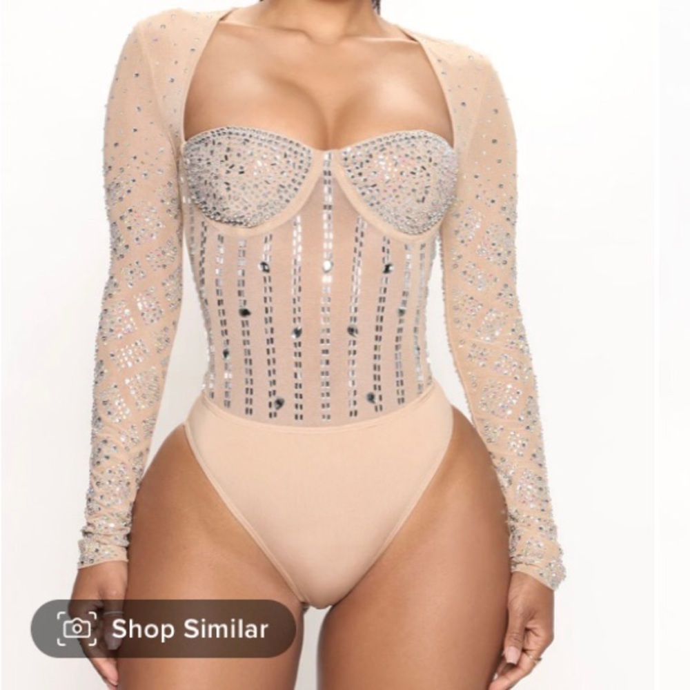 Fashion Nova Rhinestone Bodysuit- Nude